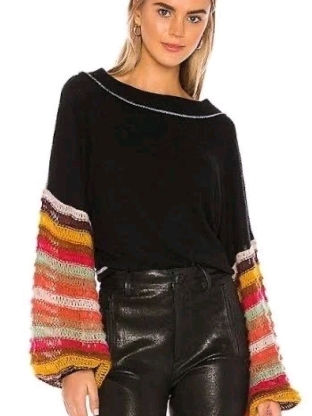 We The Free Black Crewneck Sweater with Multicolor Striped Balloon Sleeves